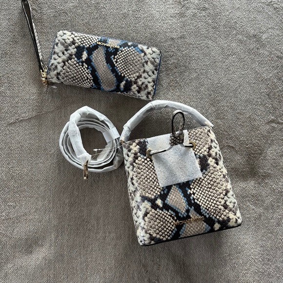 Michael Kors Handbags - Michael Kors Snakeskin Embossed Bucket Bag and Wristlet Set Blue